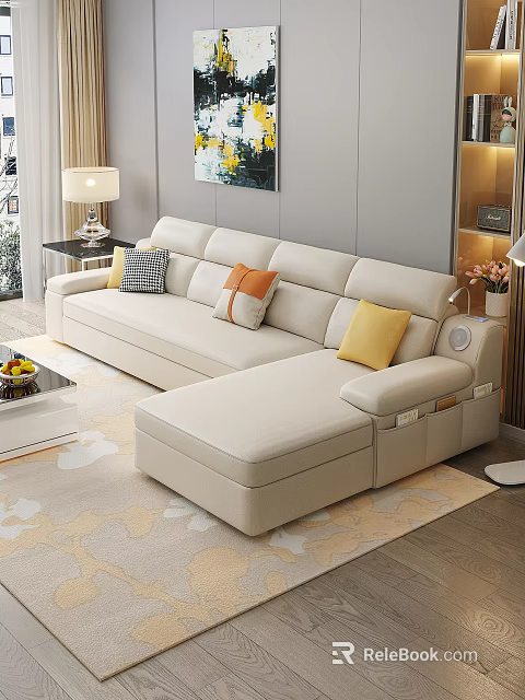 Beige Sectional Sofa in Modern Living Room with Throw Pillows Coffee Table and Table Lamp 3d model 