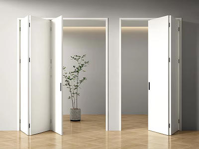 White Open Folding Doors In Modern Interior With Wooden Floor And Green Plant 3d model