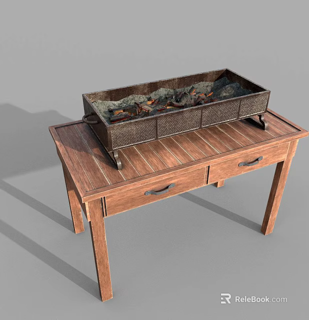 Modern Rectangular Metal Kitchenware with Charcoal Placed on Wooden Kitchen Table 3d model 