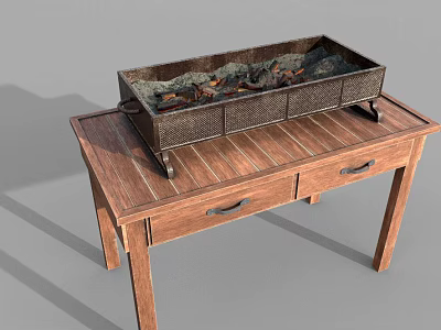 Modern Rectangular Metal Kitchenware with Charcoal Placed on Wooden Kitchen Table 3d model