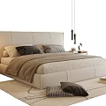 Modern Cozy Double Bed With Upholstered Headboard Bedside Table And Carpet