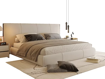 Modern Cozy Double Bed With Upholstered Headboard Bedside Table And Carpet 3d model