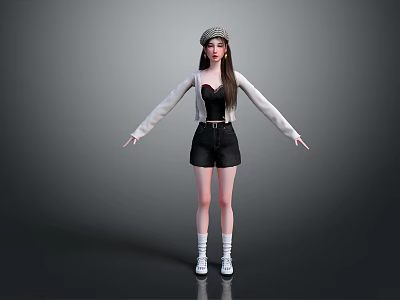 Woman Wearing Black Tank Top White Cardigan Black Shorts With Hat On Gray Background 3d model