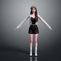 Woman Wearing Black Tank Top White Cardigan Black Shorts With Hat On Gray Background