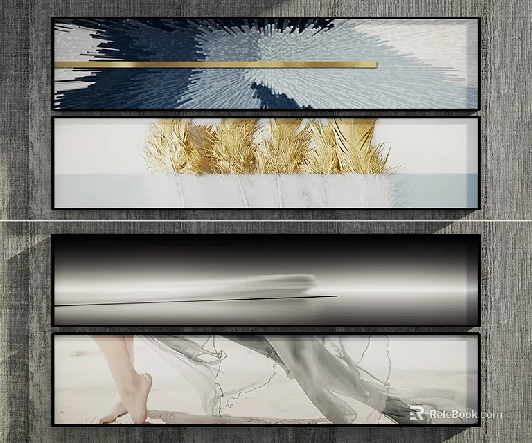 Abstract Modern Wall Art Paintings With Golden Feather And Abstract Line Designs 3d model 