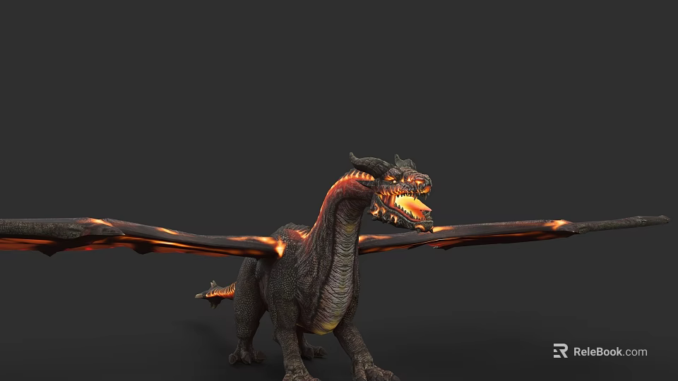 Mythical Reptile Dragon With Flaming Wings Open Mouth And Fierce Posture 3d model 