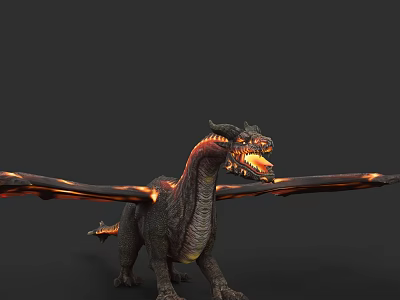 Mythical Reptile Dragon With Flaming Wings Open Mouth And Fierce Posture 3d model
