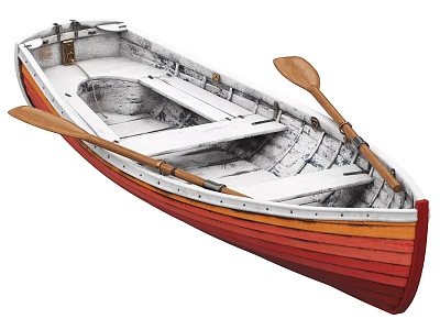 Traditional Wooden Boat With Red Orange Hull White Interior And Wooden Oars 3d model