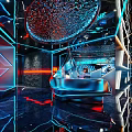 Modern Hotel Public Lounge Interior With Neon Lights Glass Walls And Sofas