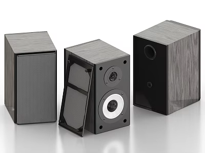 Three Wood Grain Audio Speakers With Black Panels And Modern Design 3d model