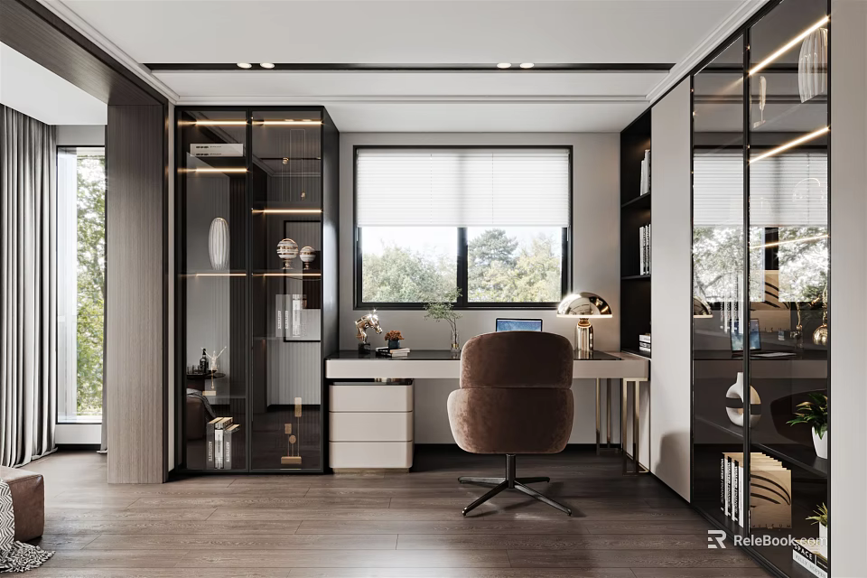 Modern Study Room Interior With Glass Partitions Wooden Desk And Comfortable Chair 3d model 