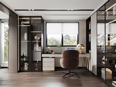 Modern Study Room Interior With Glass Partitions Wooden Desk And Comfortable Chair 3d model