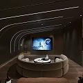 Modern Home Theater Room With Curved Lighting Strips Curved Sofa And Wooden Cabinets