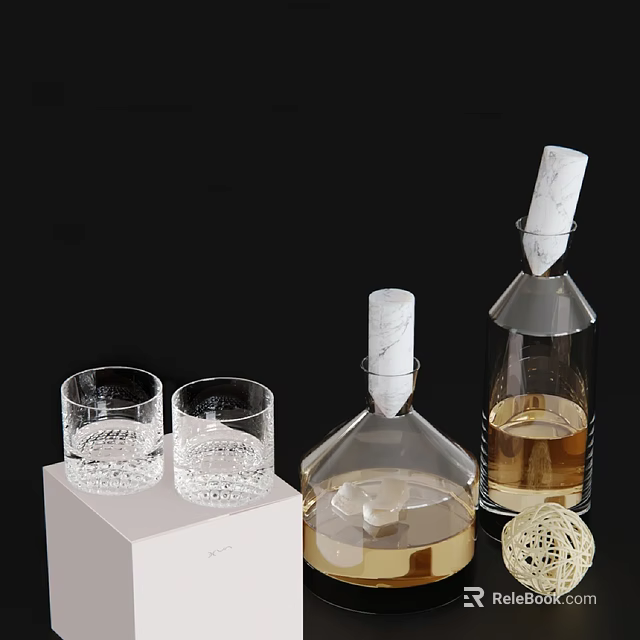 Elegant Transparent Wine Glasses And Bottles With Marble Stoppers On White Platform 3d model 