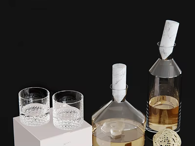 Elegant Transparent Wine Glasses And Bottles With Marble Stoppers On White Platform 3d model