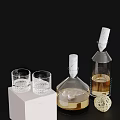 Elegant Transparent Wine Glasses And Bottles With Marble Stoppers On White Platform