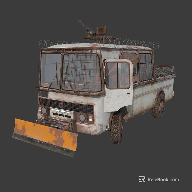 Old Rusty Truck With Snow Plow Metal Mesh And Roof Equipment 3d model 
