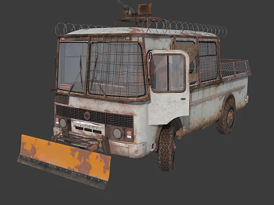 Old Rusty Truck With Snow Plow Metal Mesh And Roof Equipment 3d model