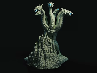 Multi Headed Mythical Creature Sculpture Carving With Blue Eyes And Rock Base 3d model