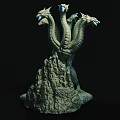 Multi Headed Mythical Creature Sculpture Carving With Blue Eyes And Rock Base