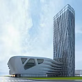 Modern Office Building With Curved Glass Facade And Plaza Area For Pedestrians