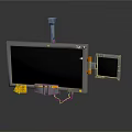 Modern Digital Monitor Setup with Green Code Interface Small Screen Camera and Yellow Device