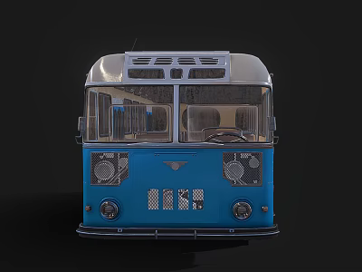 Vintage Blue Bus Front View With Silver Top Windshield Headlights And Grille 3d model
