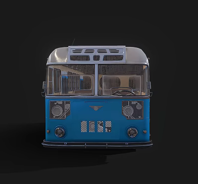 Vintage Blue Bus Front View With Silver Top Windshield Headlights And Grille 3d model