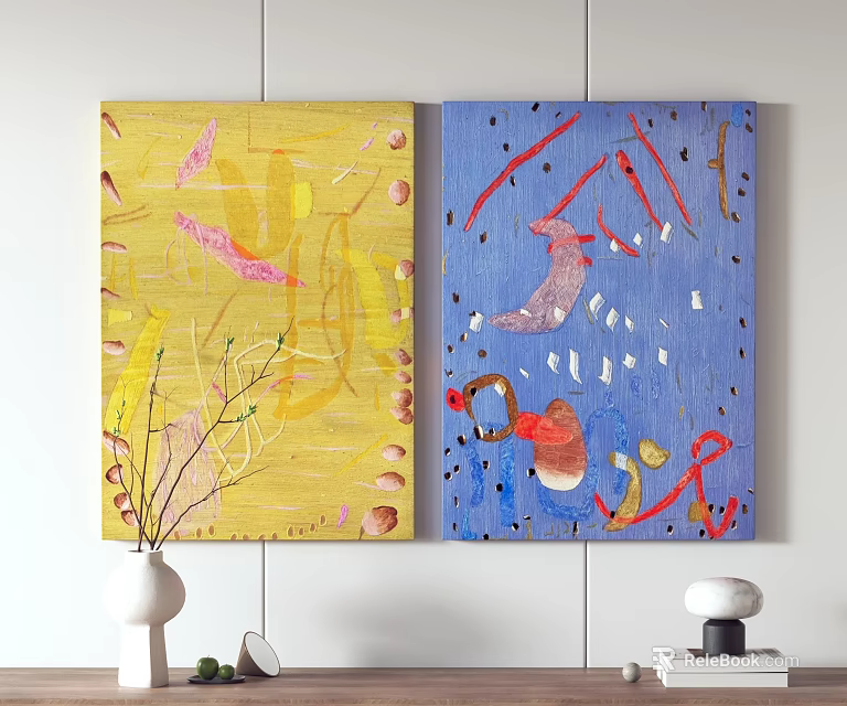 Modern Abstract Wall Paintings With Yellow Blue Backgrounds And Vibrant Colorful Strokes 3d model 