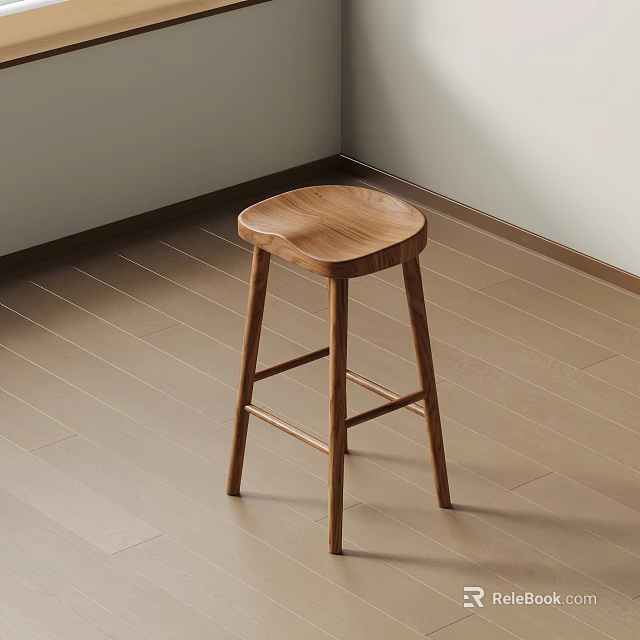 Natural Wooden Bar Stool With Simple Structure In Corner Wooden Floor Room 3d model 