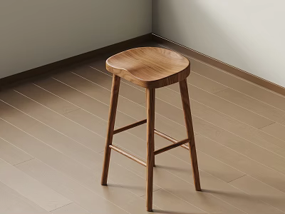 Natural Wooden Bar Stool With Simple Structure In Corner Wooden Floor Room 3d model