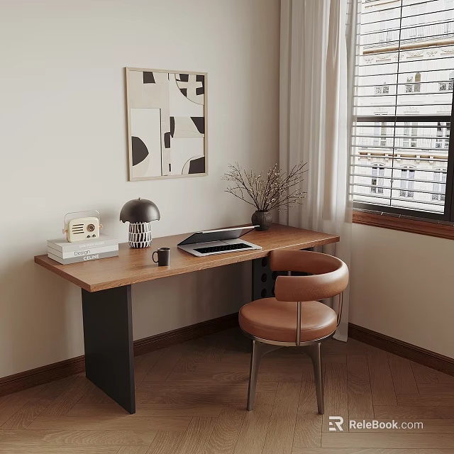 Wooden Desk With Table Lamp Radio Laptop Books And Leather Chair Near Abstract Wall Art 3d model 