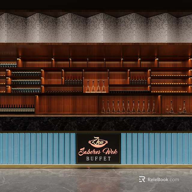 Sakura Circle Buffet Restaurant With Wooden Wine Racks And Warm Lighting Design 3d model 