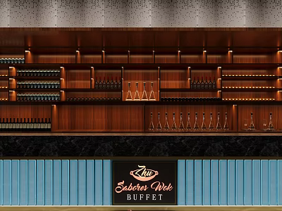 Sakura Circle Buffet Restaurant With Wooden Wine Racks And Warm Lighting Design 3d model