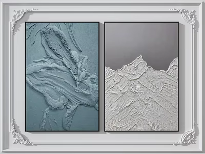 Two Abstract Textured Paintings In White Framed With Blue Gray And Cream Mountain Patterns 3d model