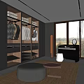 Modern Walk-in Closet Design with Hanging Clothes Folded Items Gray Cabinets Window and Side Table