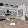 Modern Open Concept Kitchen Interior With Dining Table Chairs Hanging Lights And Cabinets 3d model