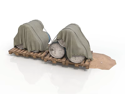 Green Canvas Covered Metal Buckets On Wooden Pallet With Dirt For Daily Use 3d model