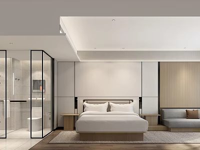 Modern Hotel Room With Large Bed Gray Wooden Bedhead Sofa And Open Glass Bathroom 3d model