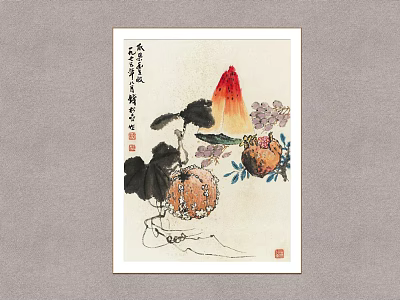 Traditional Chinese Painting Artwork With Pumpkin Lotus Leaf Flowers Red Elements And Calligraphy 3d model