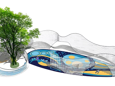 Colorful Playground Equipment With Wavy Fence Tree And Bright Ground Design 3d model