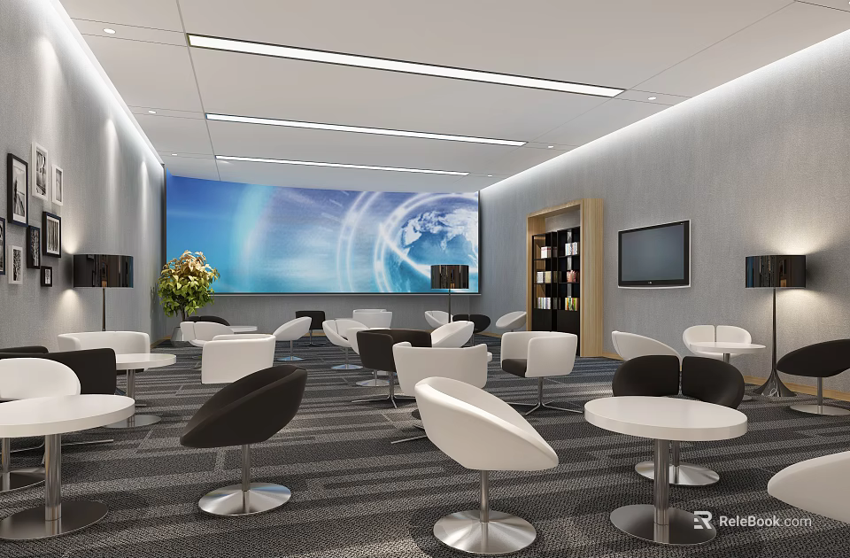 Modern Hotel Public Lounge Area With White Black Chairs Round Tables Large Screen And Green Plants 3d model 
