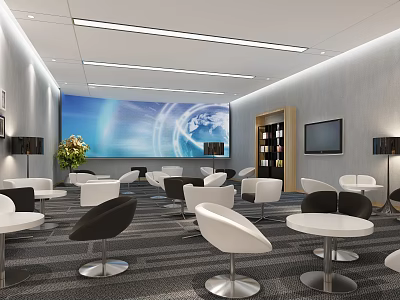 Modern Hotel Public Lounge Area With White Black Chairs Round Tables Large Screen And Green Plants 3d model