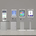 Four Modern Self Service Kiosks With Interactive Digital Displays And White Bases 3d model