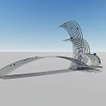 Metal Bird Shaped Sculpture by the Lake with Sunset Mist Trees and Flying Birds