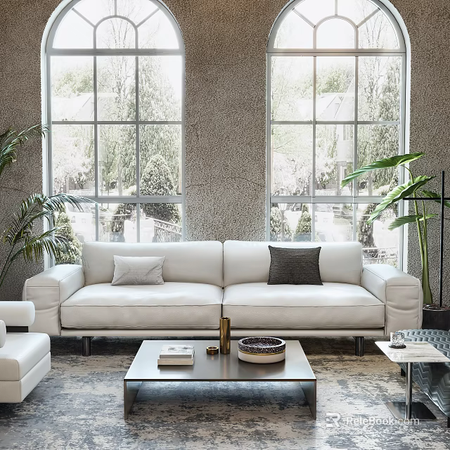 Modern Living Room White Sofa Coffee Table Set with Decorative Pillows Books and Green Plants 3d model 