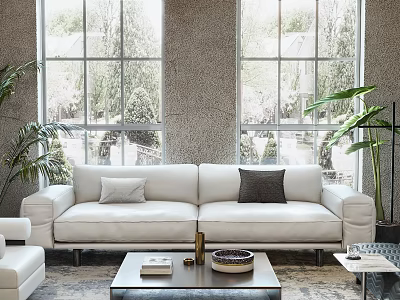Modern Living Room White Sofa Coffee Table Set with Decorative Pillows Books and Green Plants 3d model