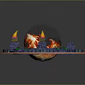 Cartoon Scene Featuring Circular Structure With Flaming Lava Bricks Green Foliage And Yellow Torches