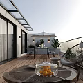 Modern Terrace Garden Design With Wooden Floor Dining Table And Chairs Umbrella And Green Plants