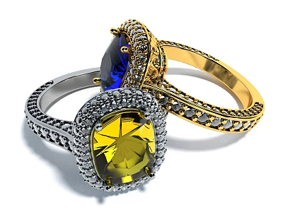 Exquisite Rings Showcasing Yellow And Blue Gemstones In Silver Gold Settings With Small Diamonds 3d model